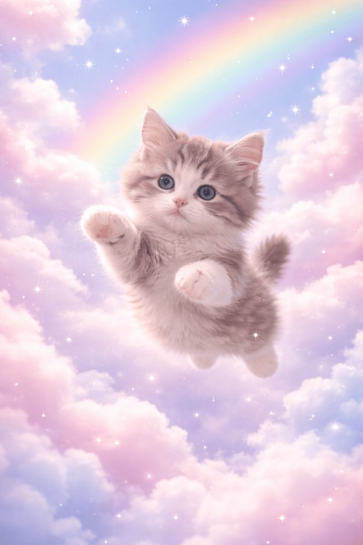 Floating kitten in pastel skies wallpaper