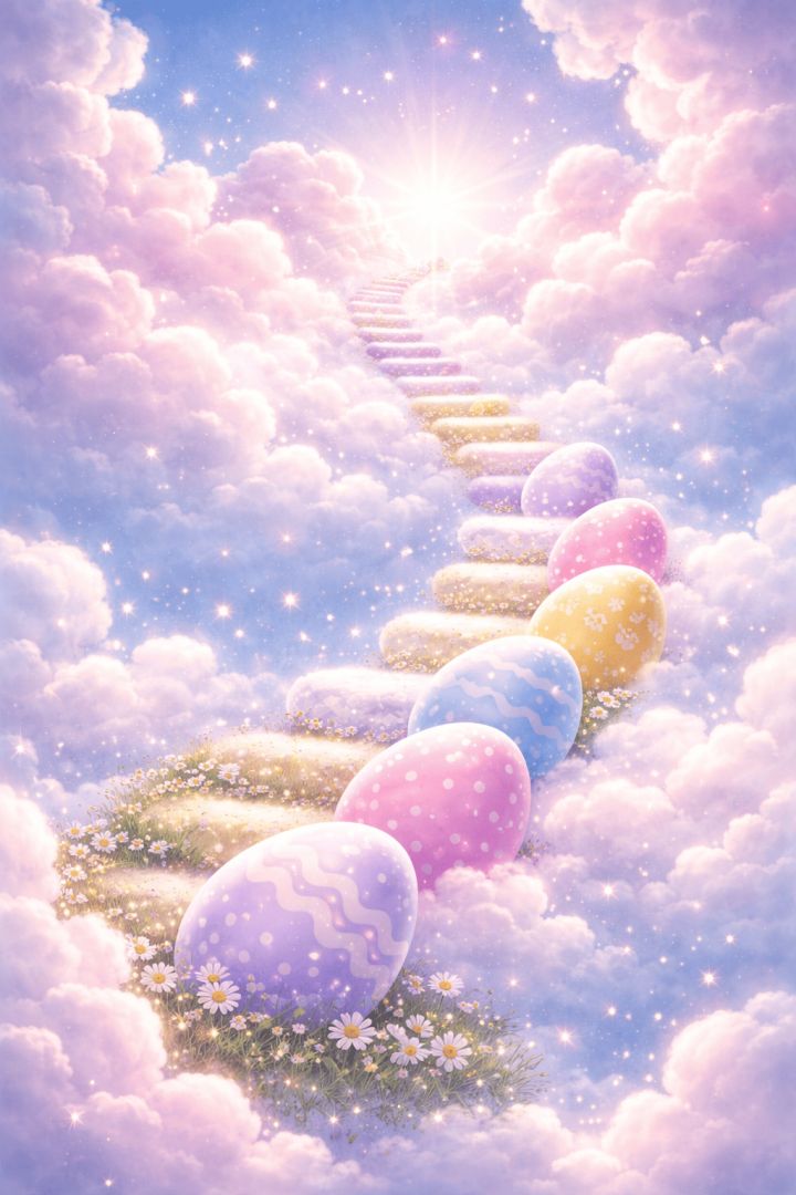 Floating pastel egg staircase to the clouds wallpaper