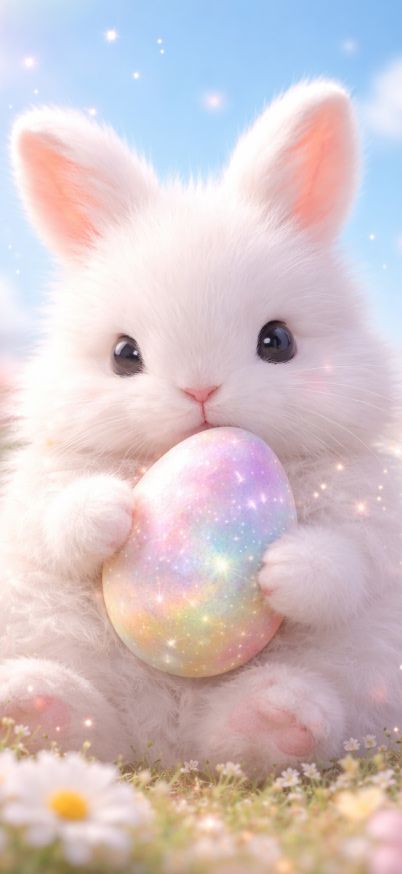 Fluffy bunny with glowing Easter egg wallpaper