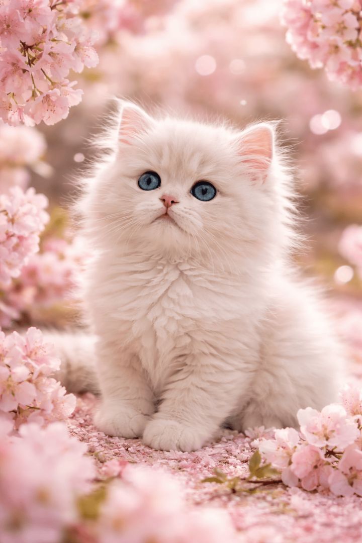 Fluffy kitten among cherry blossoms wallpaper