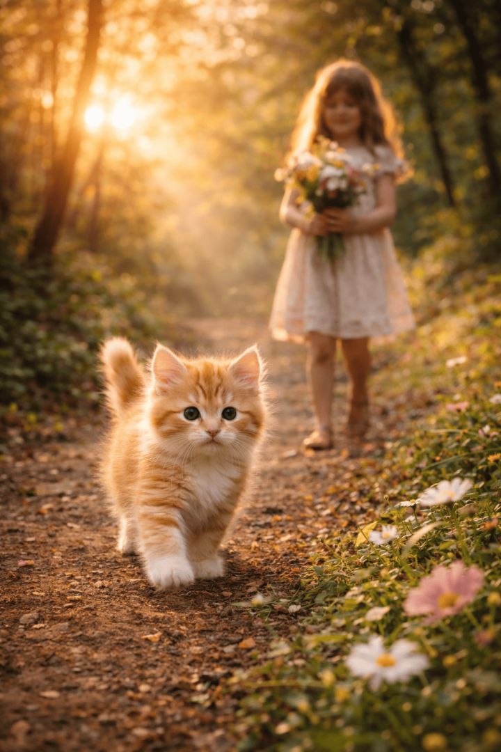 Fluffy Kitten Walking on Magical Forest Path with Girl at Sunset Wallpaper wallpaper