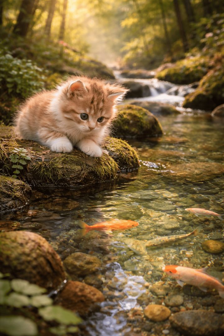 Fluffy Kitten Watching Fish in Crystal Clear Forest Stream Wallpaper wallpaper
