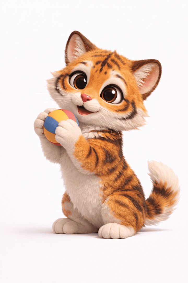 Fluffy kitten with colorful ball 3d  wallpaper wallpaper