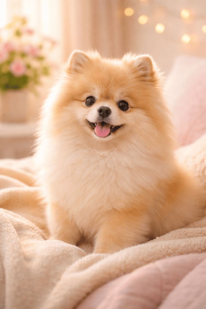 Fluffy Pomeranian on cozy bed dog wallpaper
