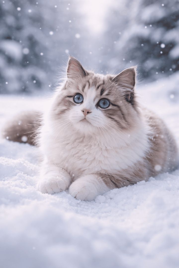 Fluffy Ragdoll cat in the snow wallpaper
