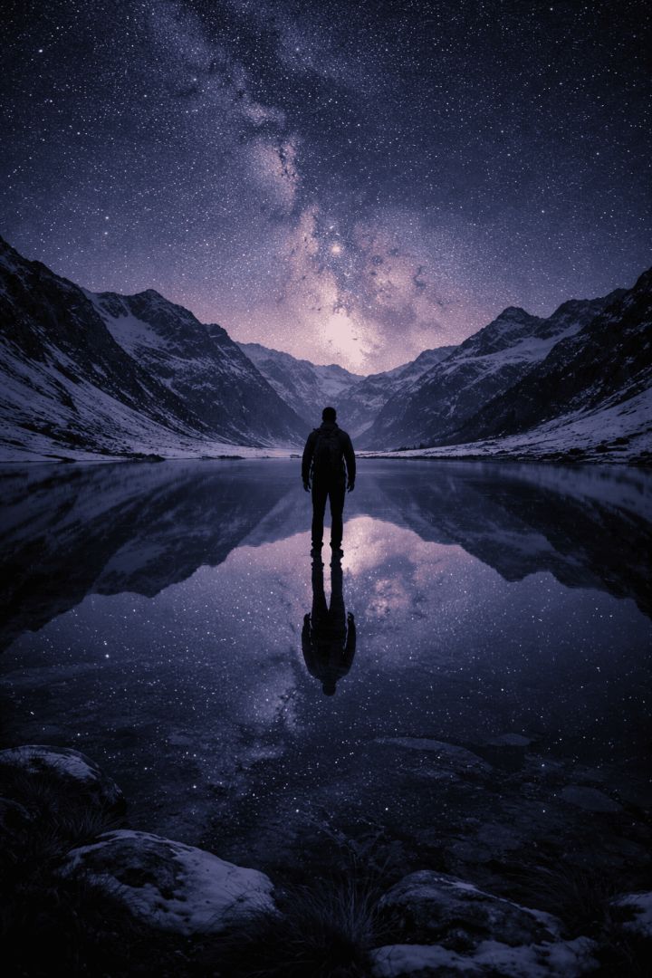 Foggy alpine solitude with a hiker hiking wallpaper