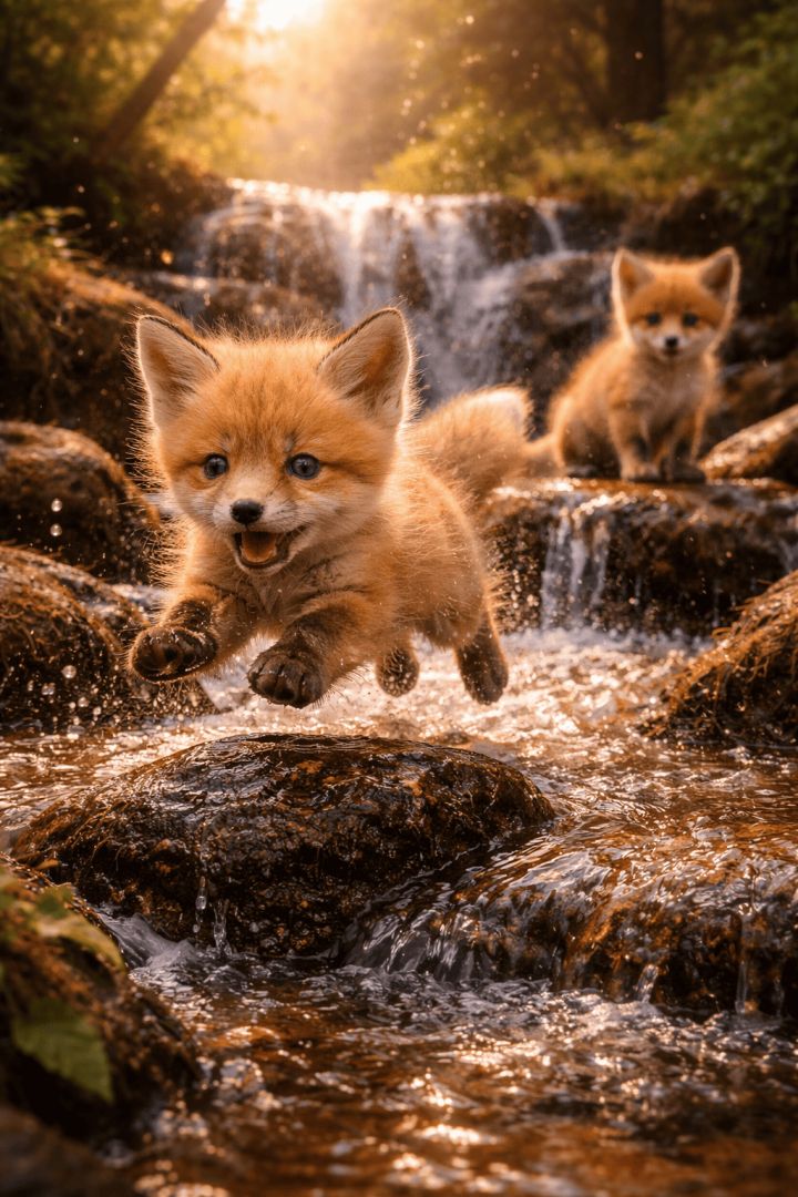 Fox kits playing by a waterfall wallpaper