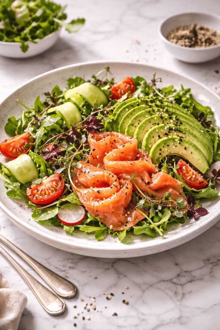 Fresh salmon and avocado salad food wallpaper