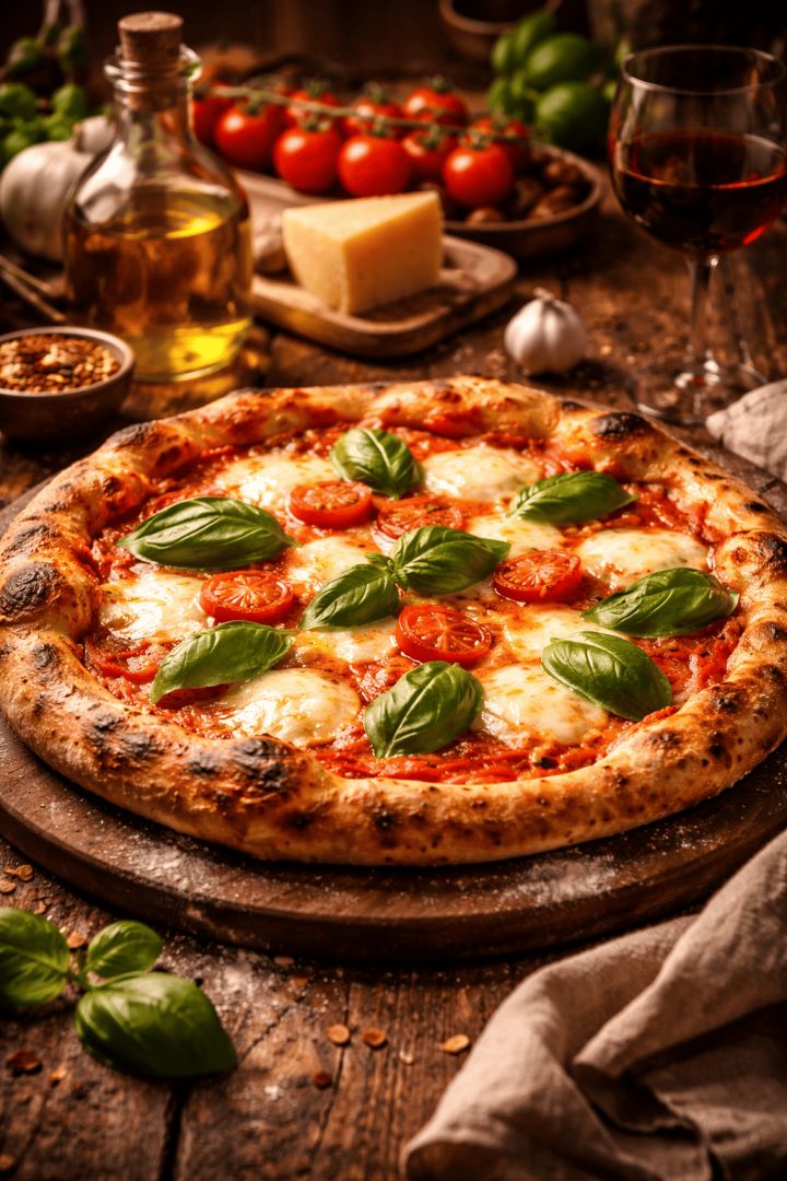 Freshly baked Margherita pizza on wood food wallpaper