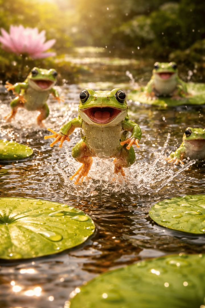 Frogs leaping in a vibrant pond wallpaper