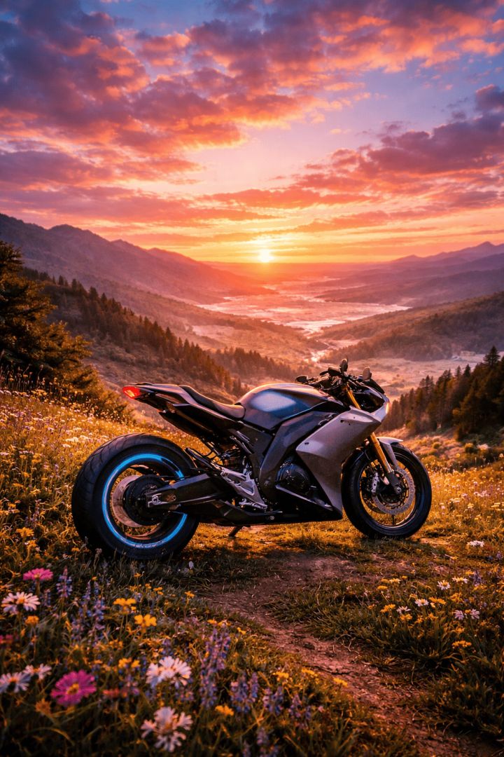 Futuristic bike in a blooming meadow wallpaper