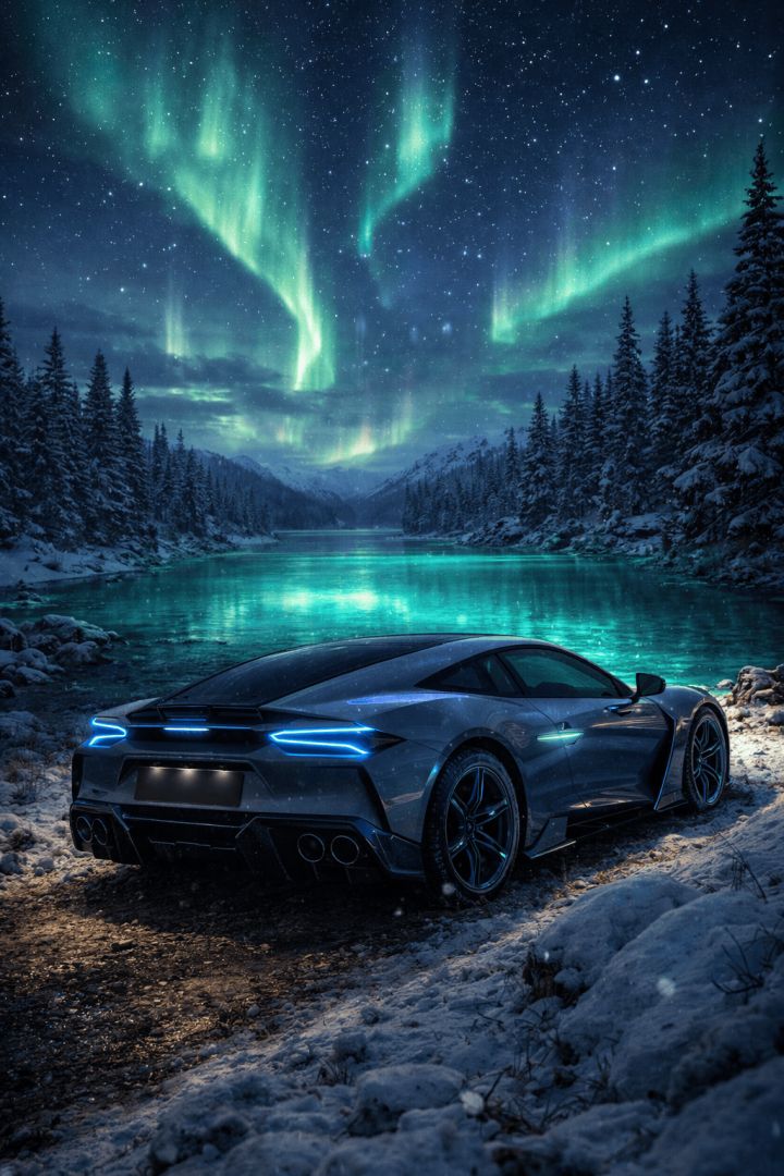 Futuristic car beneath the Northern Lights wallpaper