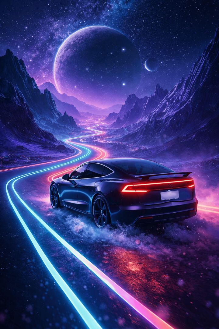 Futuristic electric car in neon landscape wallpaper