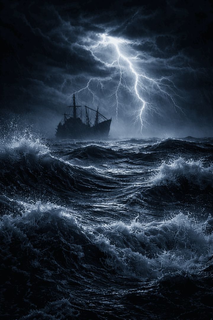 Ghost ship in the stormy sea horror wallpaper