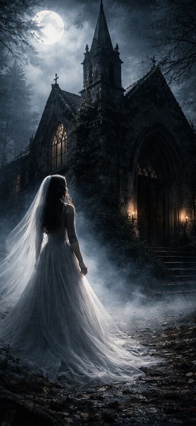 Ghostly bride at the abandoned church wallpaper