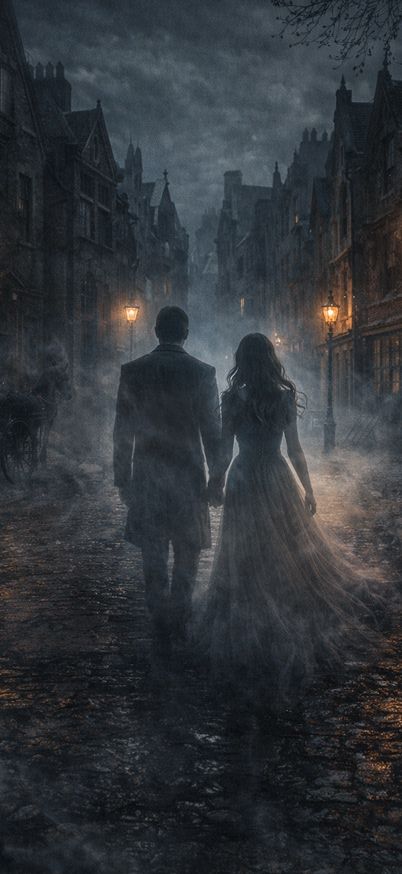 Ghostly couple in foggy Victorian street wallpaper