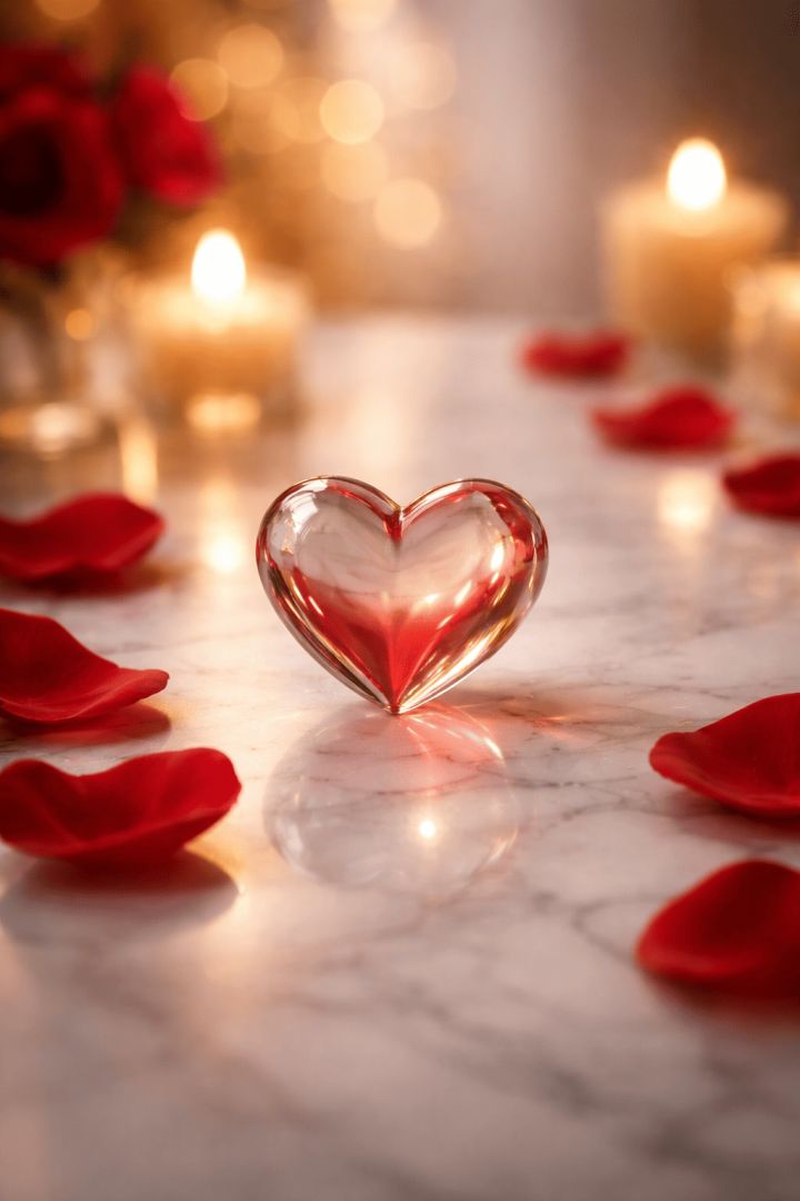 Glass heart among rose petals wallpaper