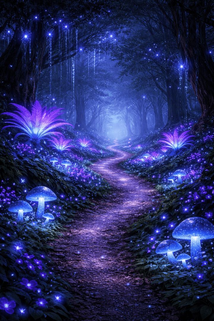 Glowing bioluminescent forest at night wallpaper