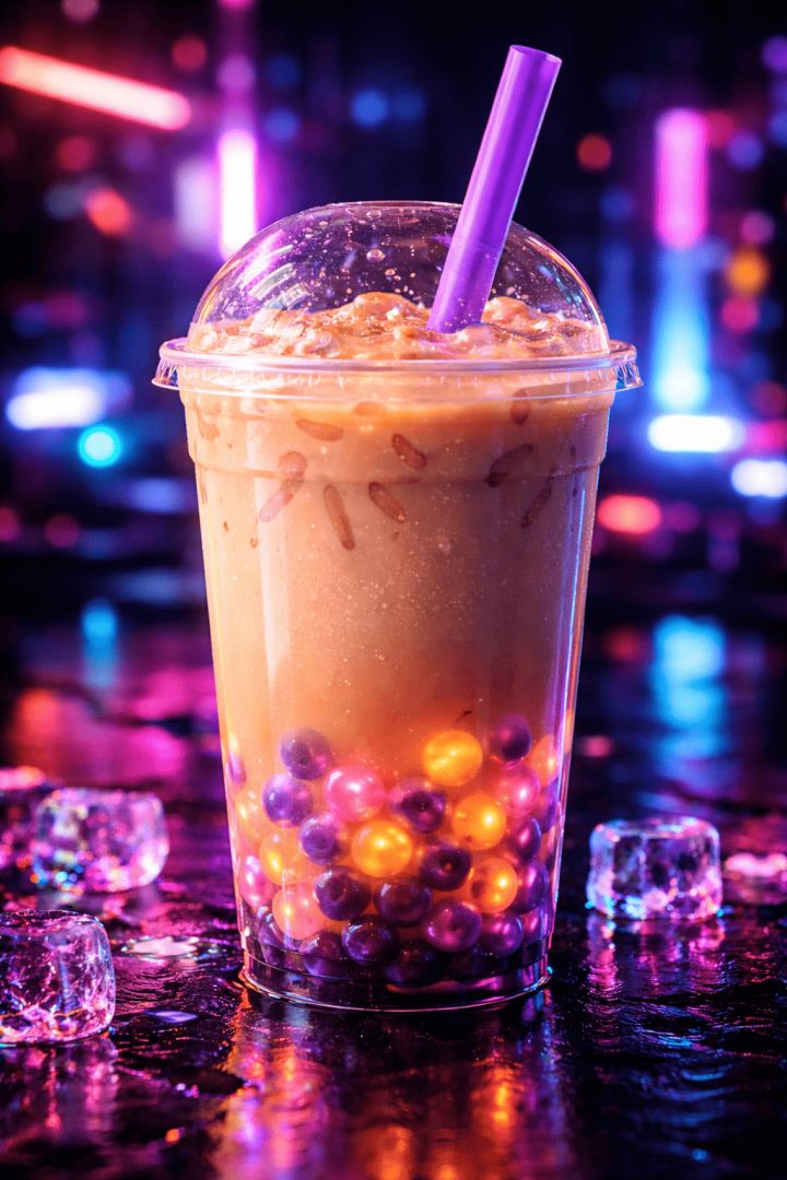 Glowing bubble tea with neon accents wallpaper