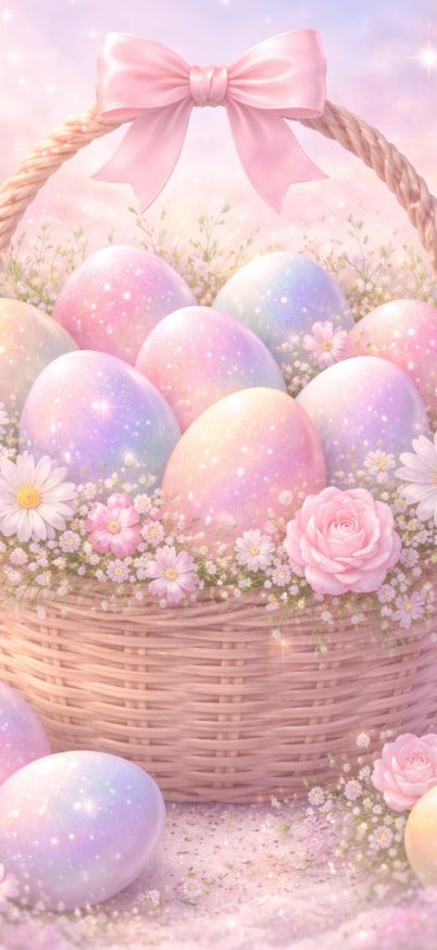Glowing Easter basket with flowers wallpaper