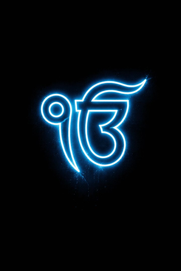 Glowing Ek Onkar symbol in neon blue wallpaper