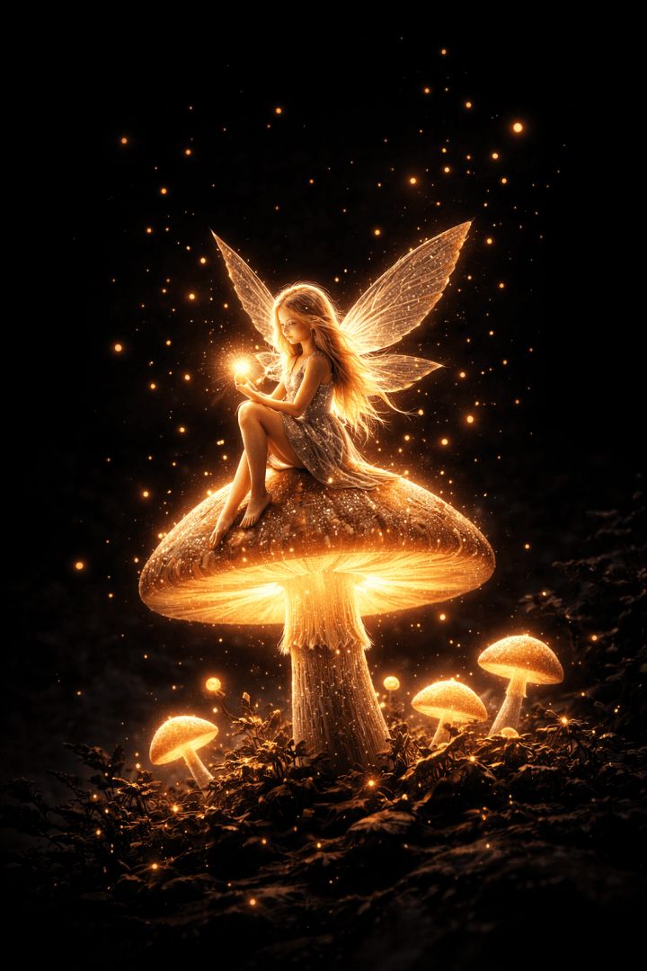 Glowing fairy on a luminous mushroom mythic creature wallpaper
