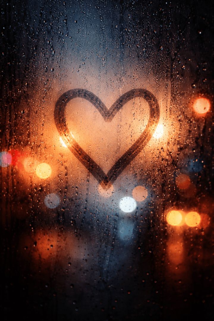 Glowing heart on a rainy window wallpaper