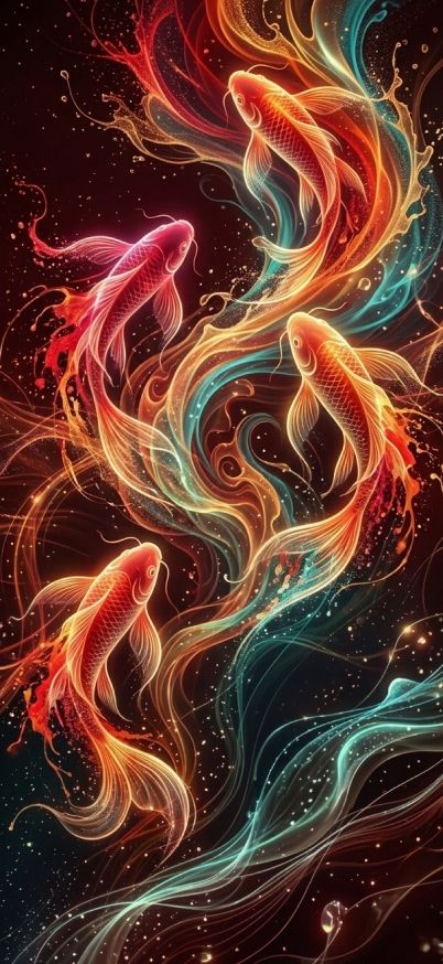 Glowing Koi Fish Swirling in Cosmic Water wallpaper