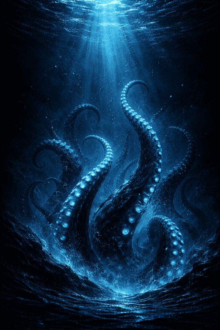Glowing kraken rising from darkness mythic creature wallpaper