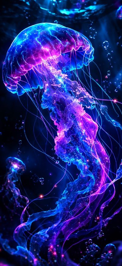 Glowing Neon Jellyfish in Deep Ocean Darkness wallpaper