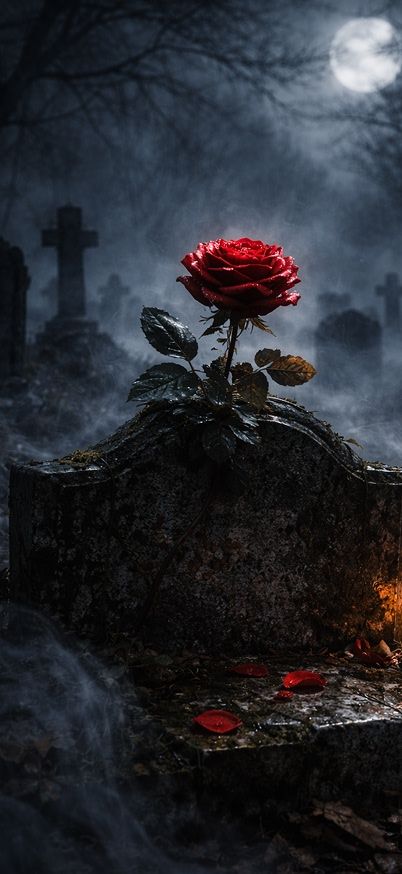 Glowing rose in moonlit cemetery wallpaper