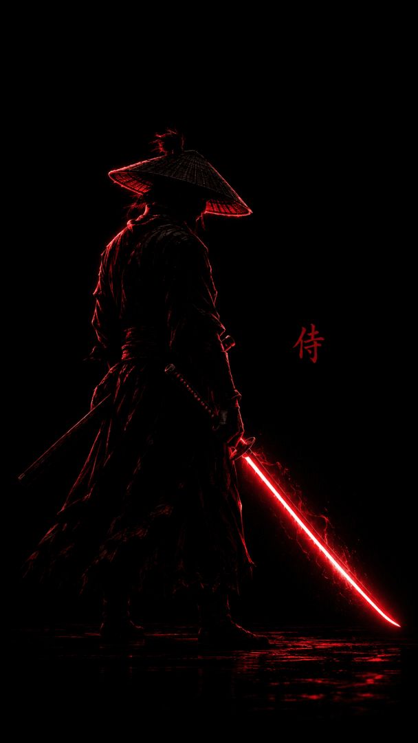 Glowing samurai in dark neon wallpaper