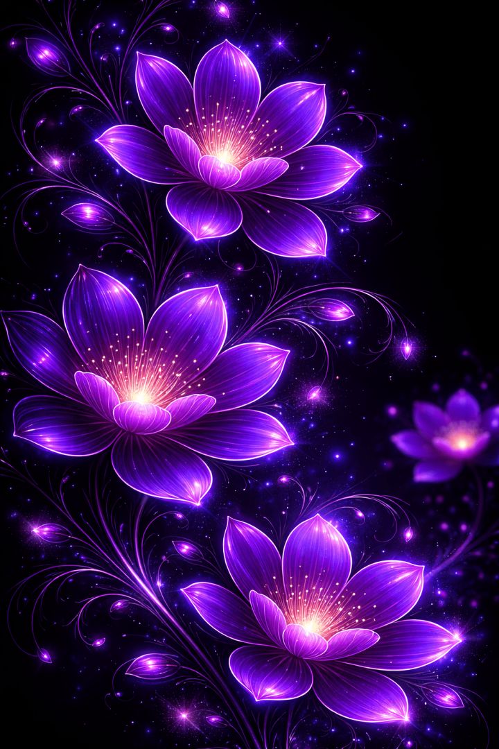 Glowing violet flowers in the dark abstract wallpaper
