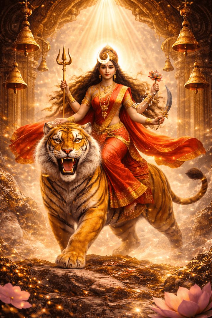 Goddess Chandraghanta on a majestic tiger god wallpaper