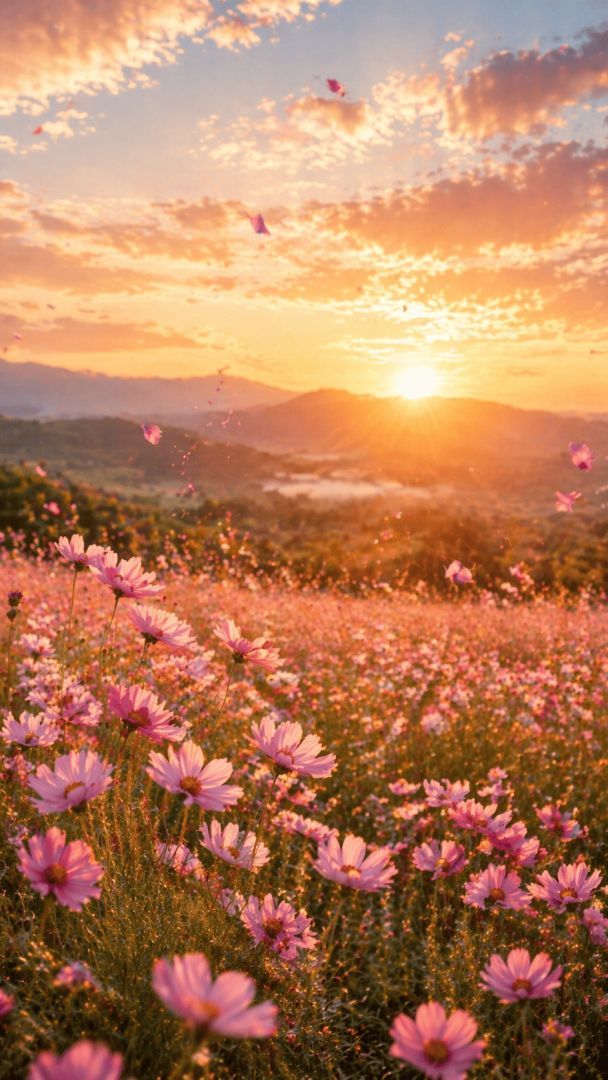 Golden Bloom Serenity 🌸✨  Dreamy Sunrise Flower Field Wallpaper wallpaper