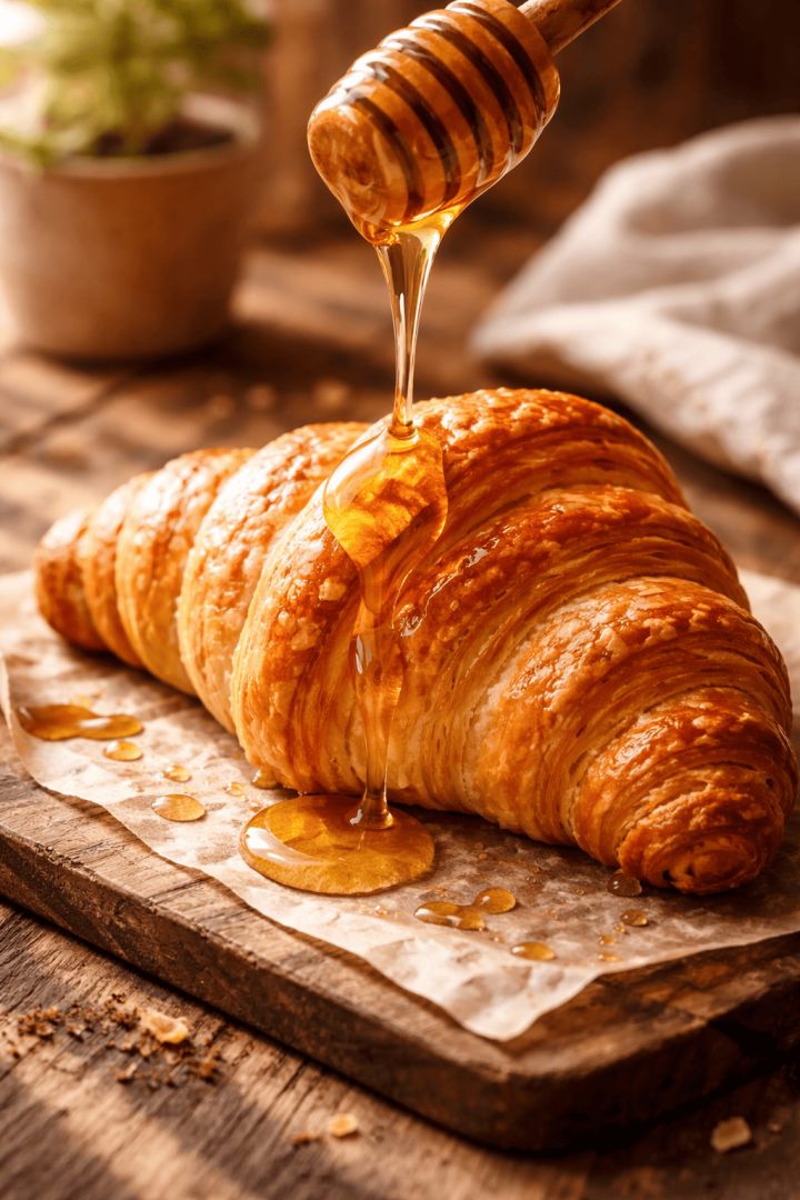 Golden croissant with honey drizzle wallpaper