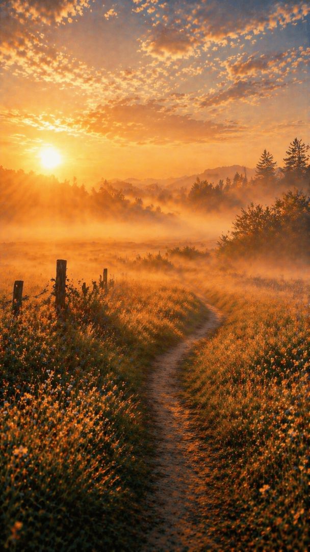 Golden hour in a misty meadow wallpaper