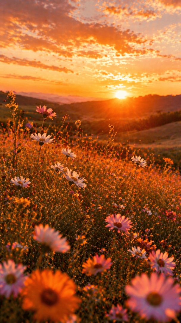 Golden hour meadow with blooming wildflowers wallpaper