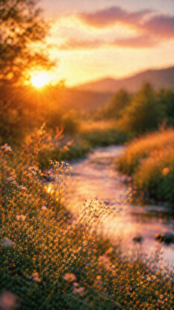 Golden hour meadow with dreamy bokeh wallpaper