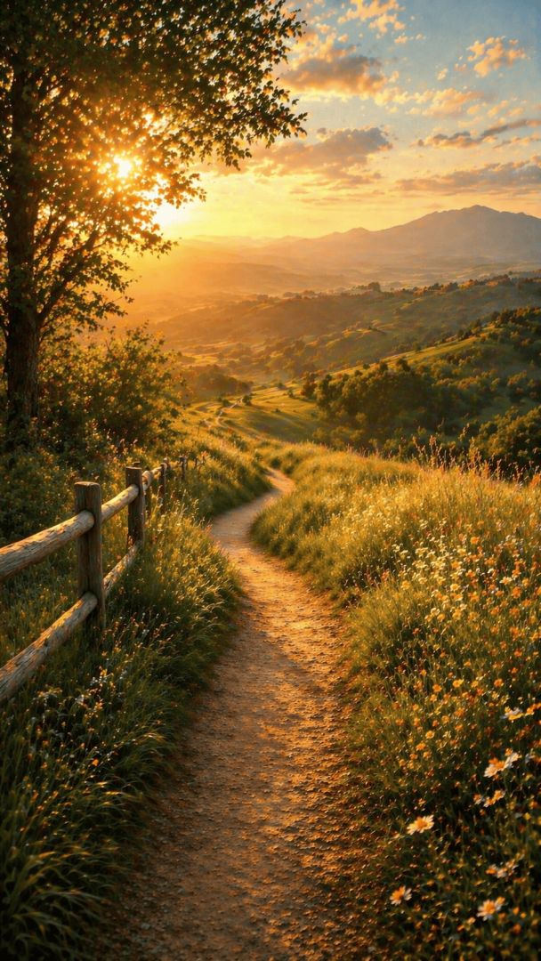 Golden-hour path through rural landscape nature wallpaper
