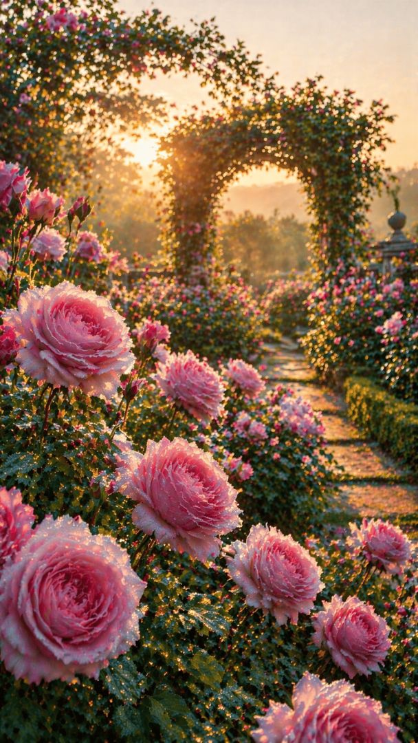 Golden hour rose garden serenity wallpaper