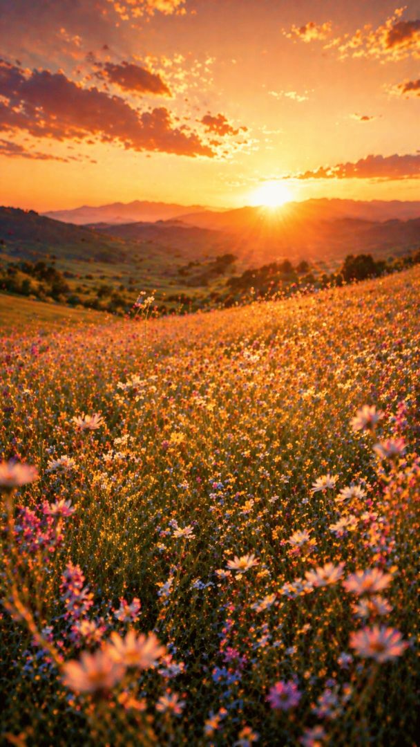 Golden hour wildflower meadow serenity wallpaper