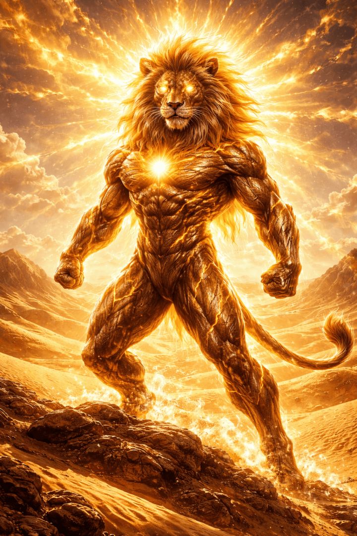 Golden lion hero in desert light warrior wallpaper