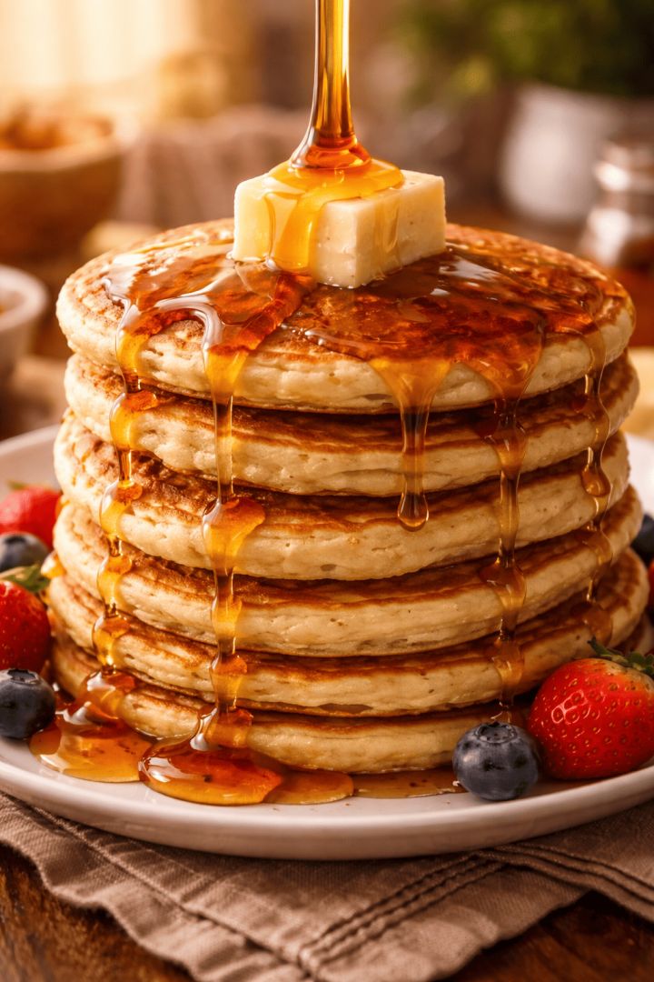 Golden pancakes with syrup and fruit wallpaper