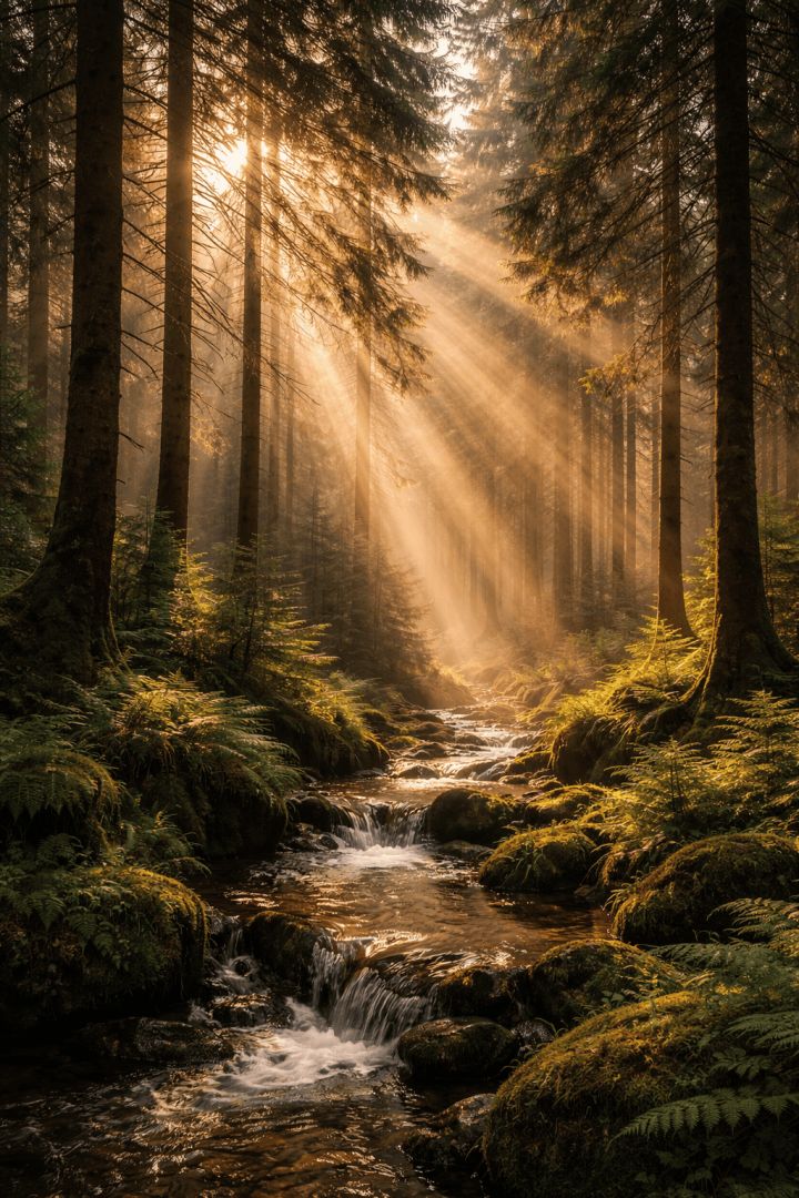 Golden rays in a misty forest wallpaper