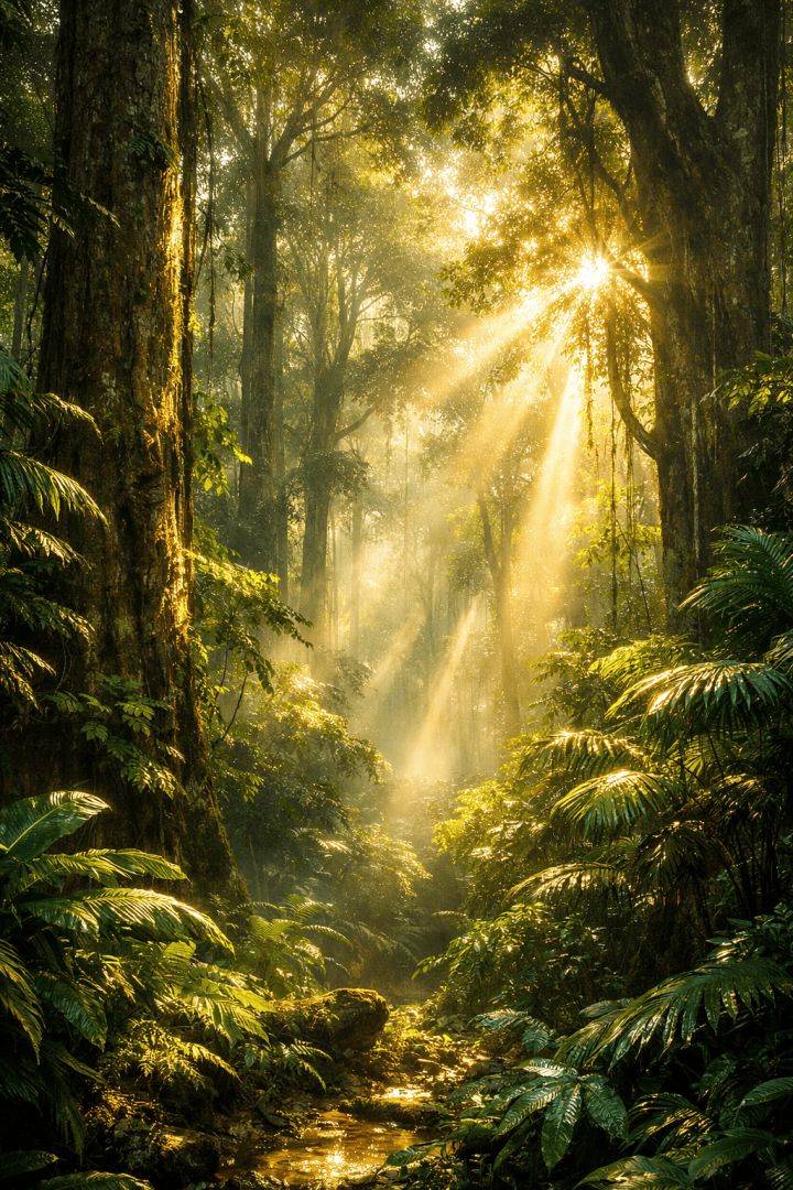 Golden rays in misty jungle wallpaper