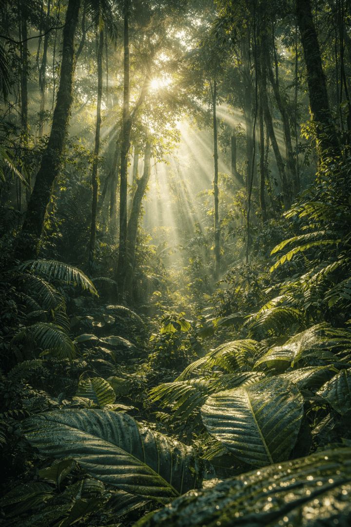 Golden rays in the jungle mist wallpaper