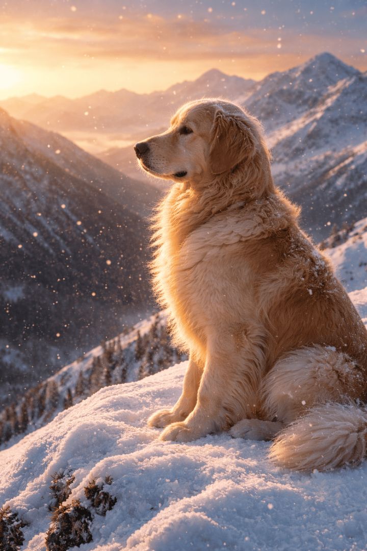 Golden retriever on snowy peak at sunrise wallpaper