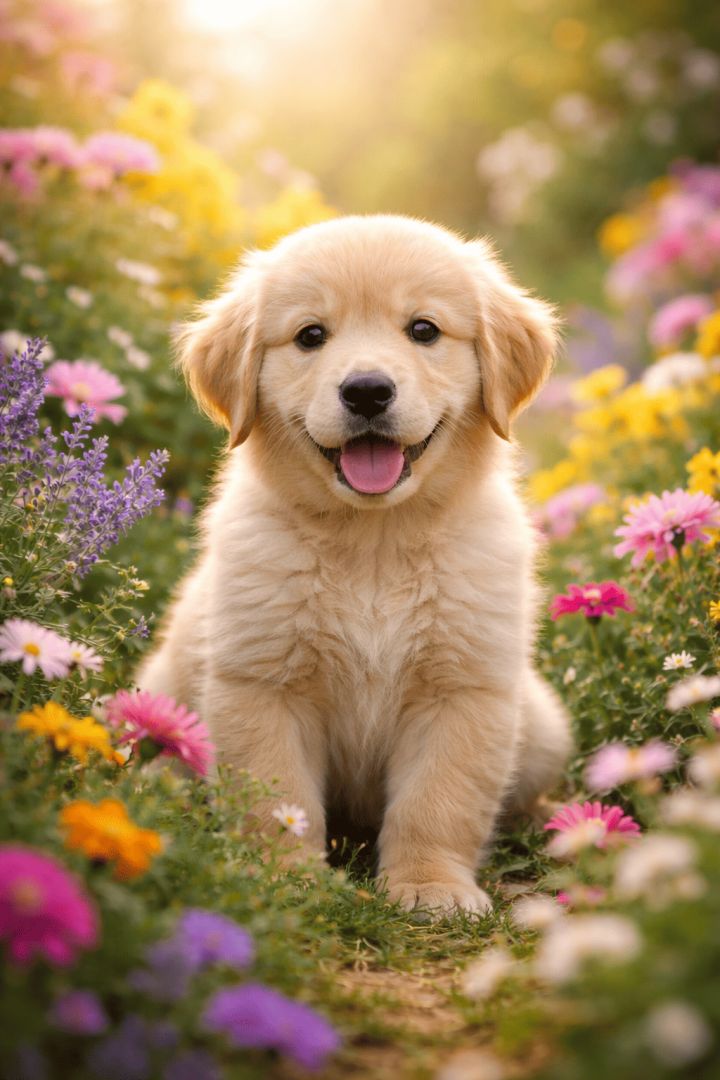 Golden retriever puppy in blooming garden dog wallpaper