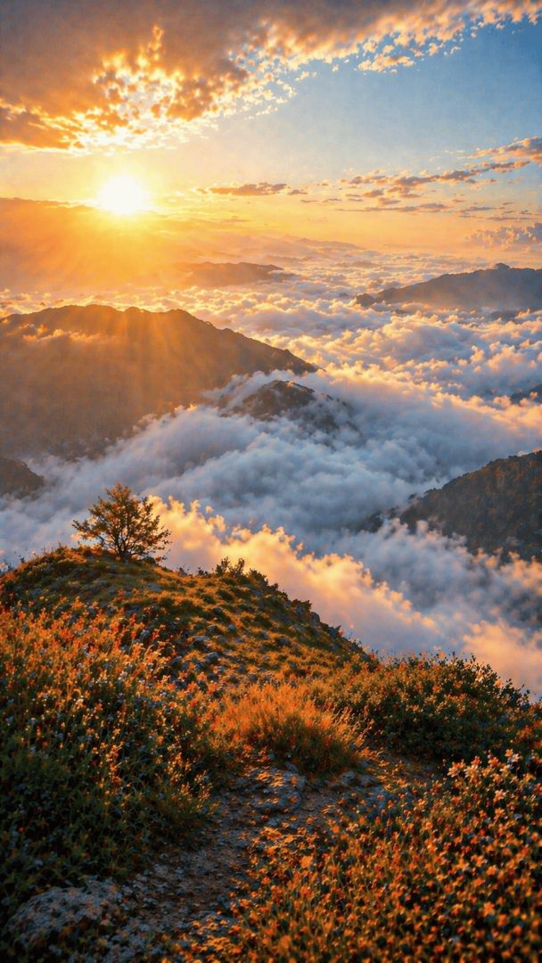 Golden sunrise over misty mountain valley nature wallpaper